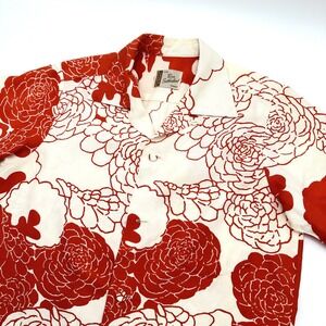 Vintage Ross Sutherland Shirt Men L Beige Hawaiian Rose AOP Loop Collar Camp 70s